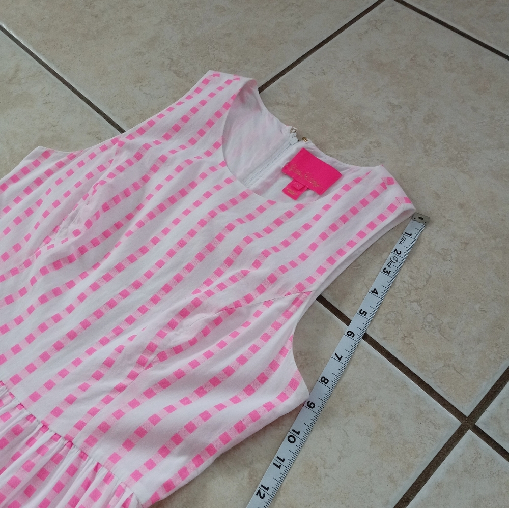 Lilly Pulitzer Maybella Tiered Midi Dress Pink Isle Gingham Lace Insert 6 - Picture 14 of 16